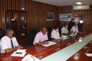The press conference (l to r) Mr Elizabeth, PS Volcère, Minister Telemaque, PS Baker and AG Ally