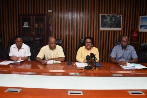 Minister Telemaque and her team during the meeting with the media on Tuesday 