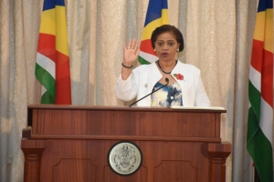 Minister Francourt taking her oath during the swearing-in ceremony